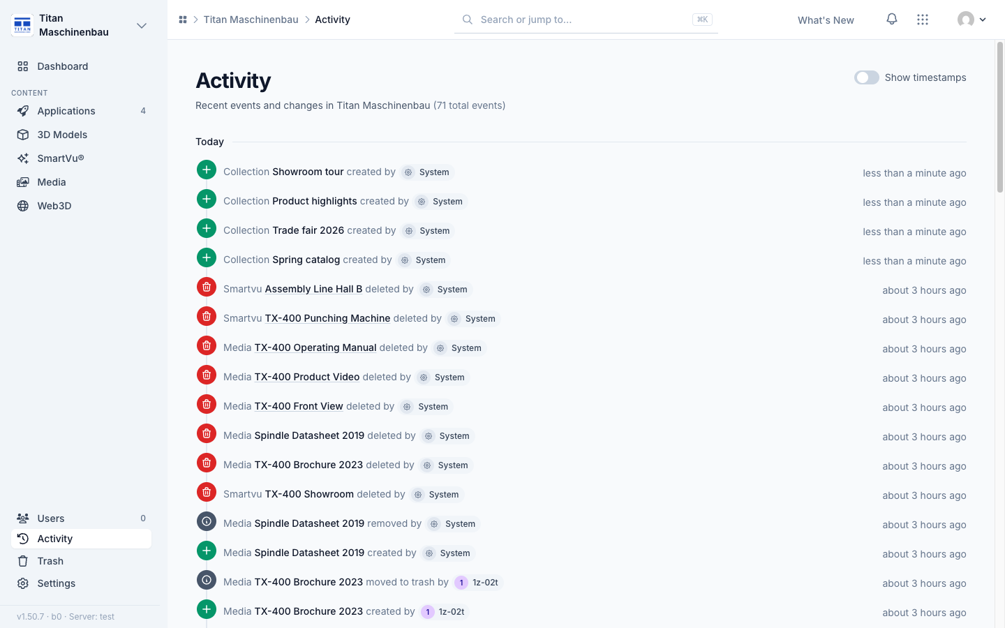 The activity feed, newest entries first