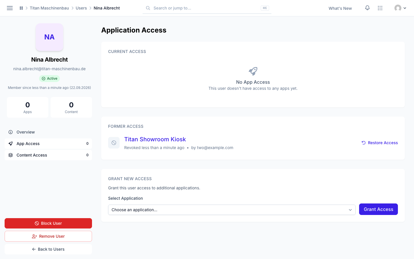 A user whose only app was revoked: no current access, and the app listed under Former Access with a Restore Access link