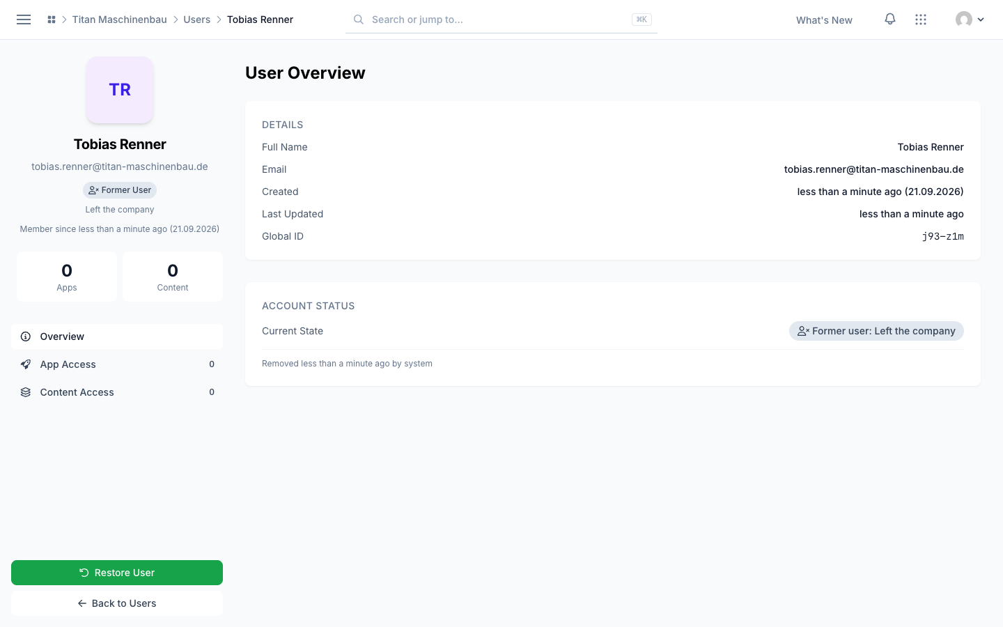 A former user keeps their record, shows why they were removed, and can be restored