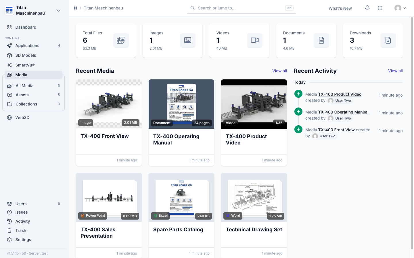 The media library overview with Recent Media and Recent Activity