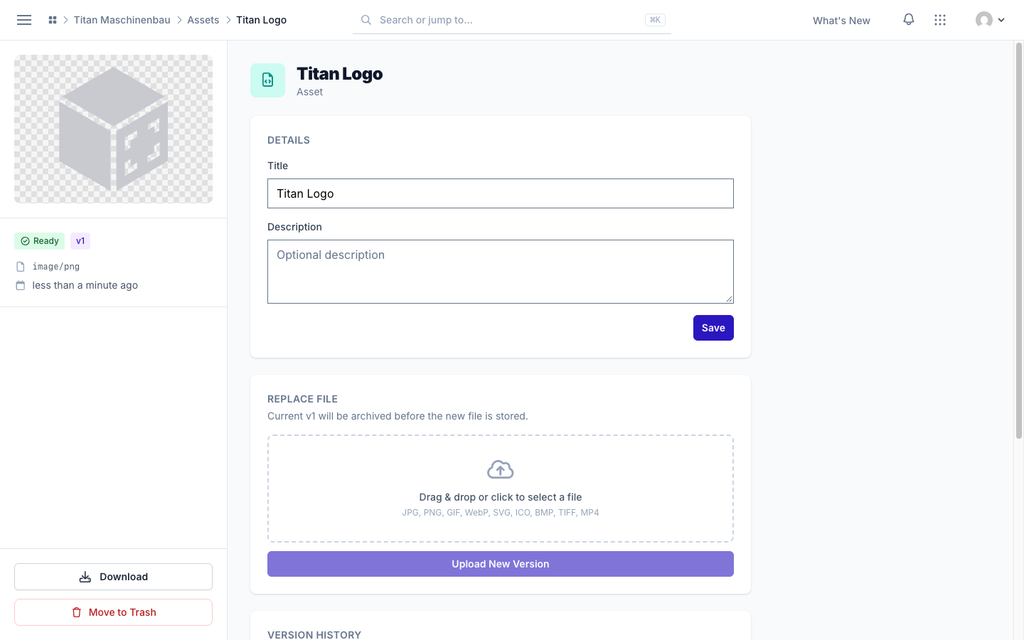 An asset's page with Move to Trash in the sidebar
