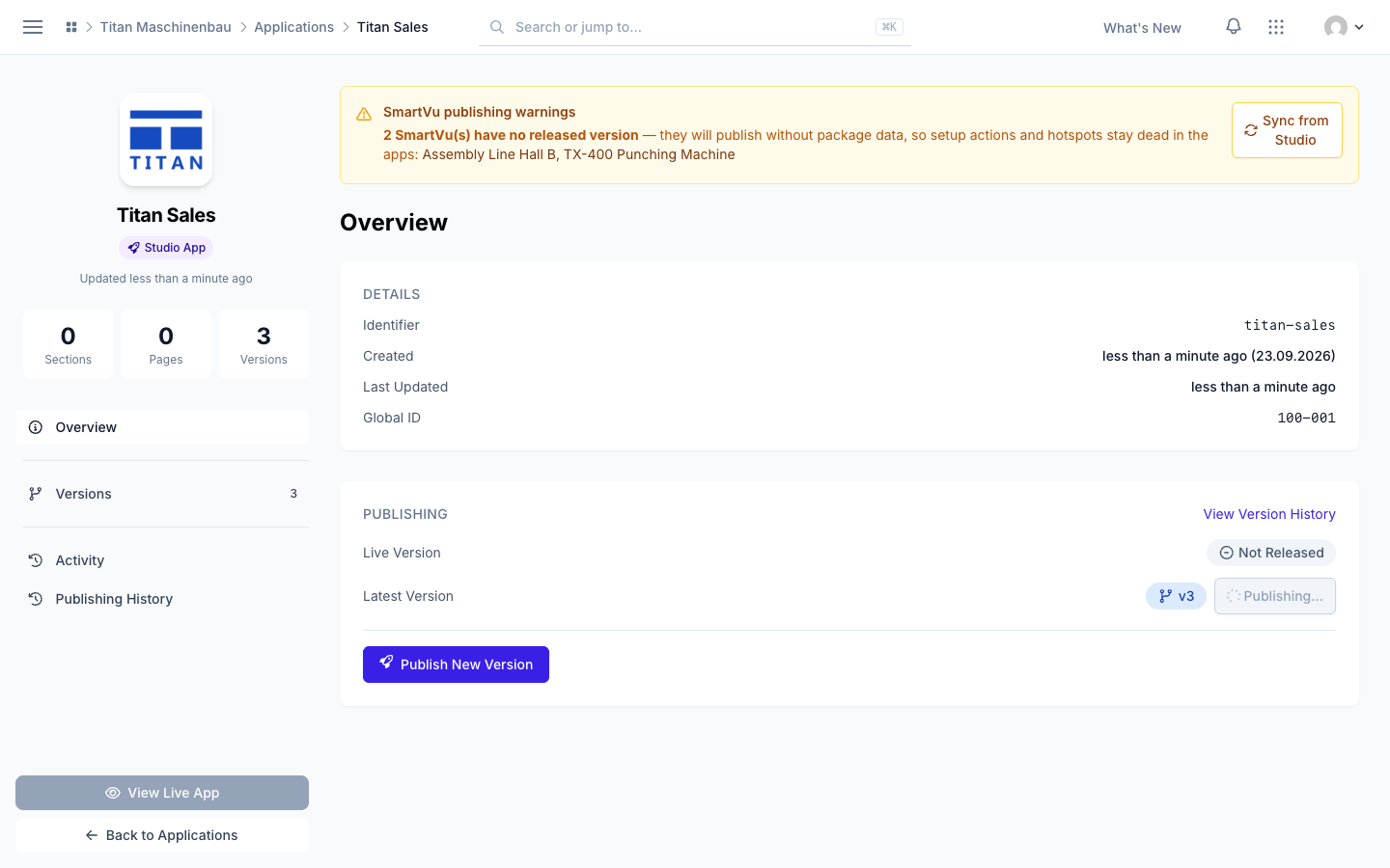 A version that is still publishing shows Publishing…