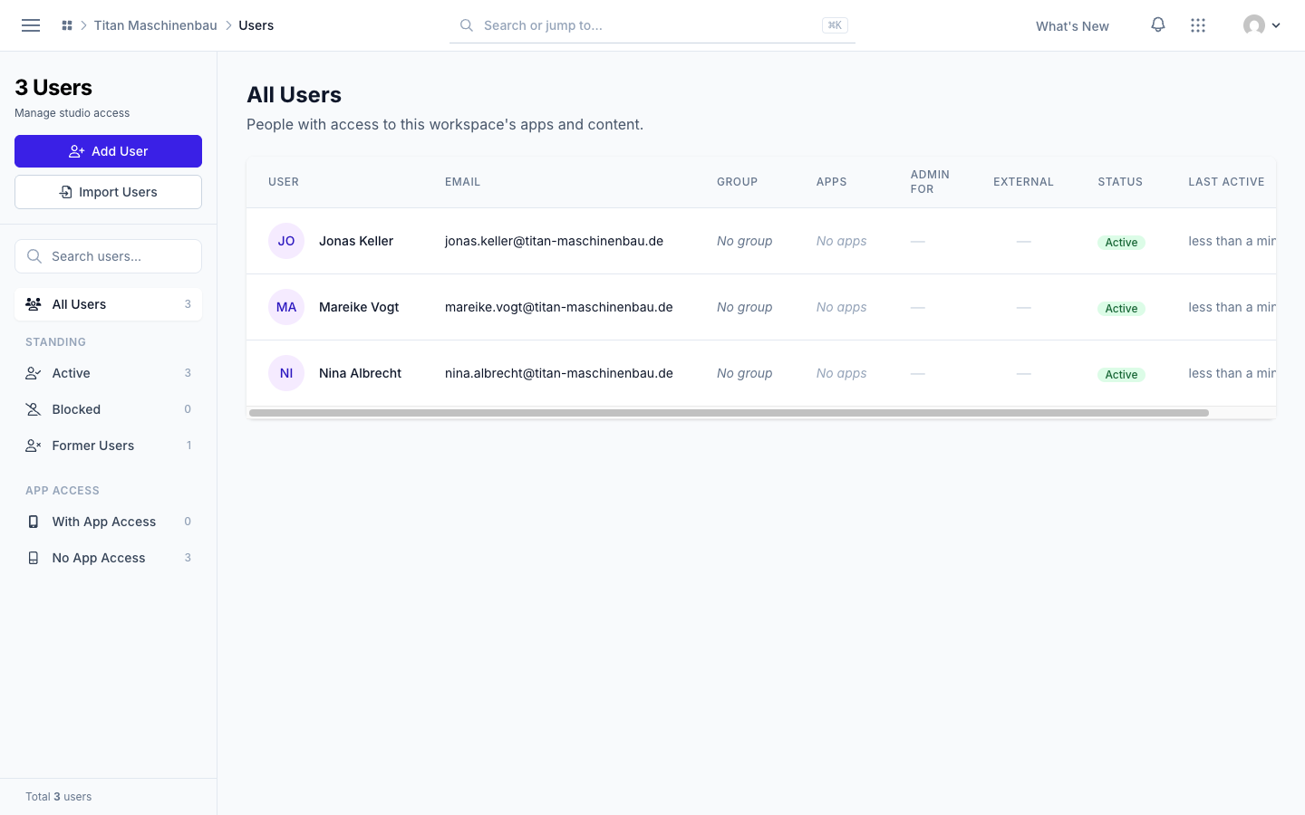 The Users list with the new Standing section: Active, Blocked and Former Users