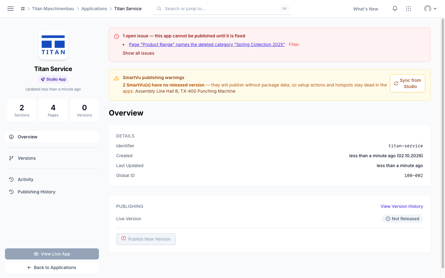 The app page explains why Publish New Version is disabled