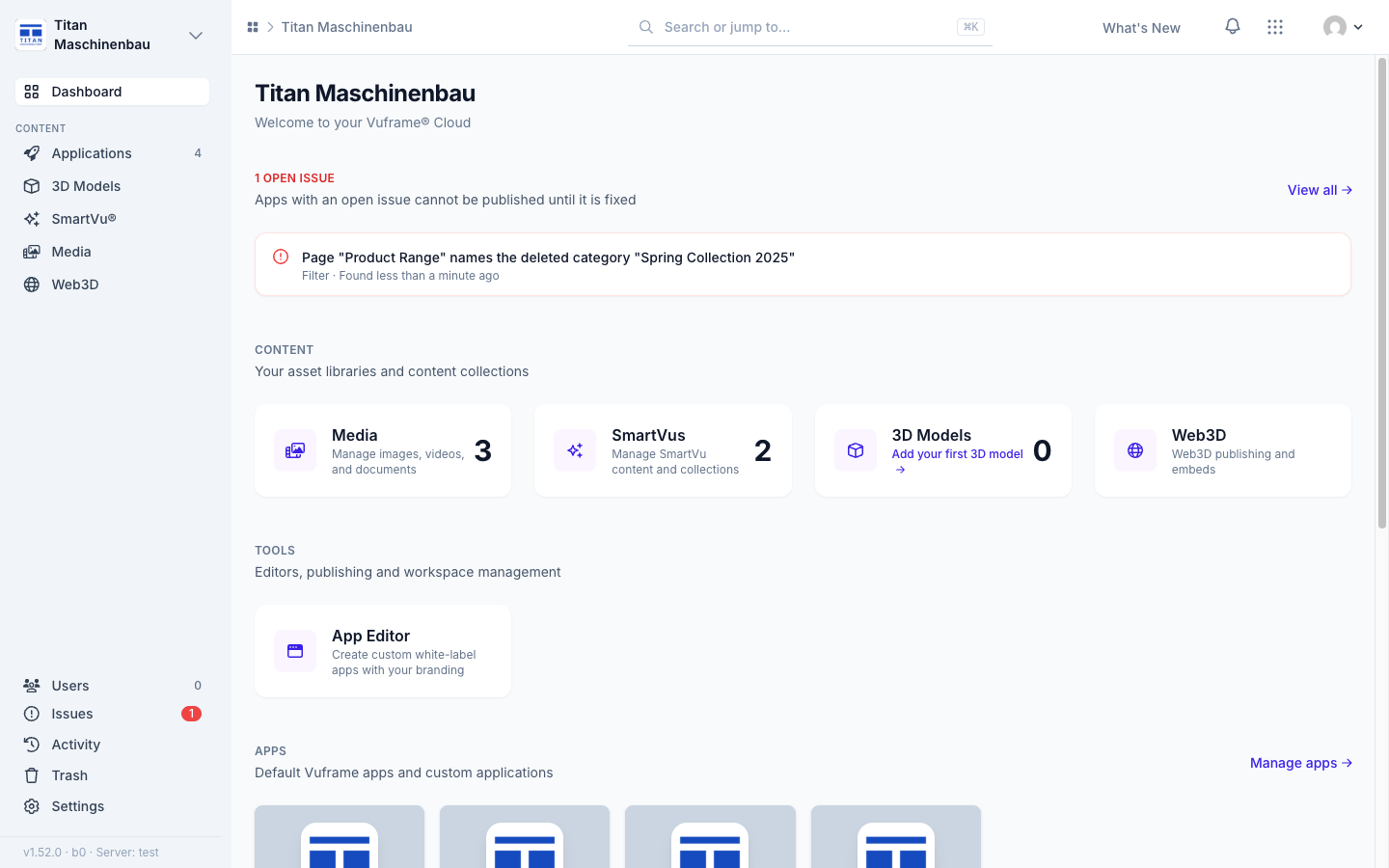 The workspace home page shows the open issue at the top