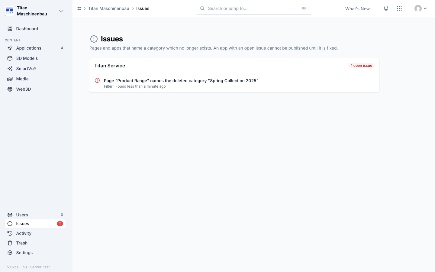 The Issues page lists a page that refers to a deleted category
