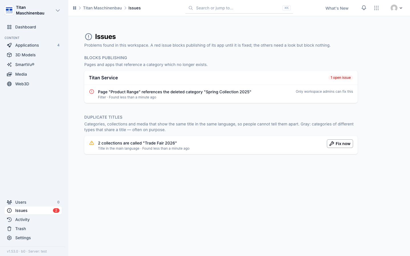 The Issues page with Fix now next to an issue