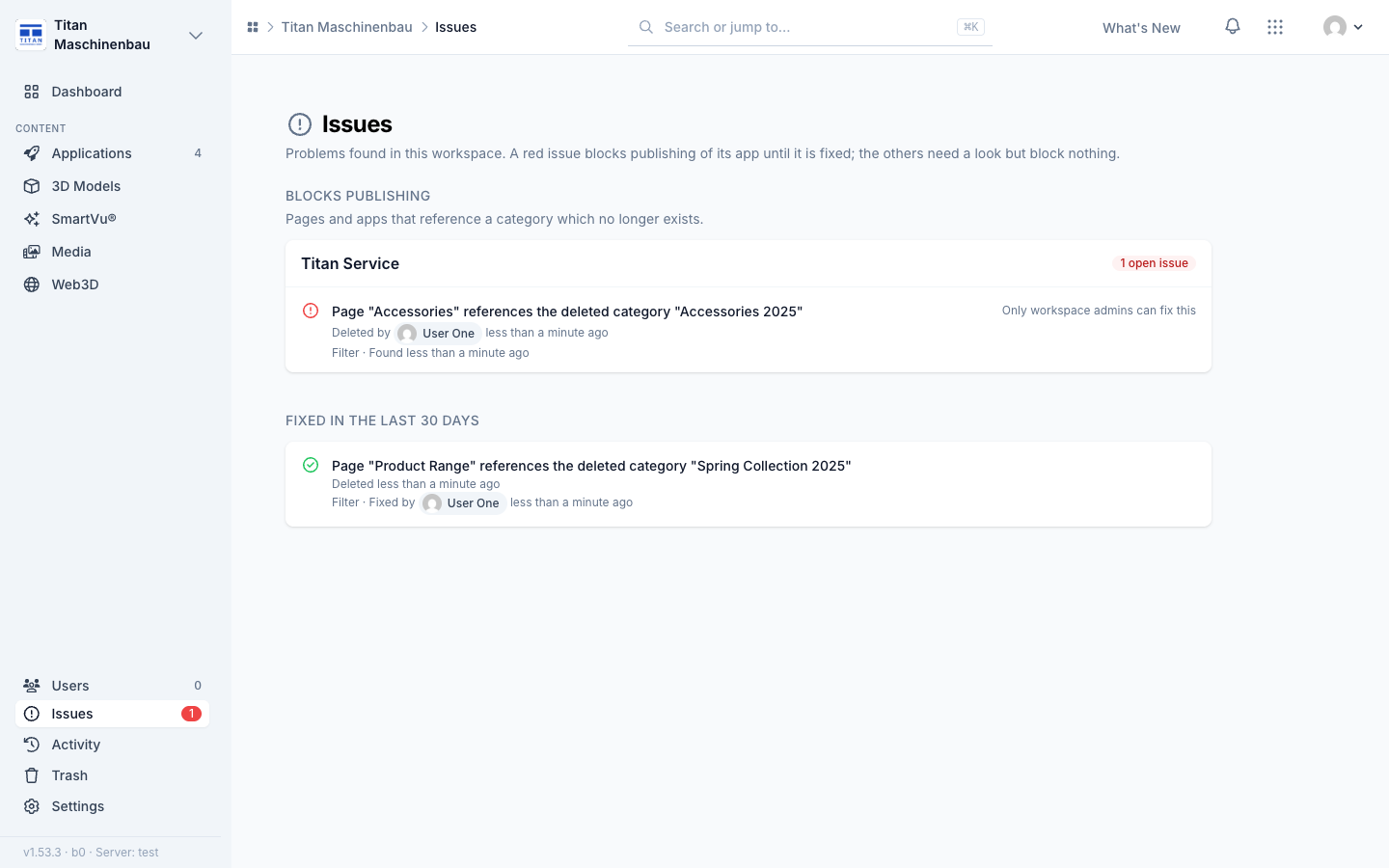 The Issues page shows who deleted a category and who fixed an issue