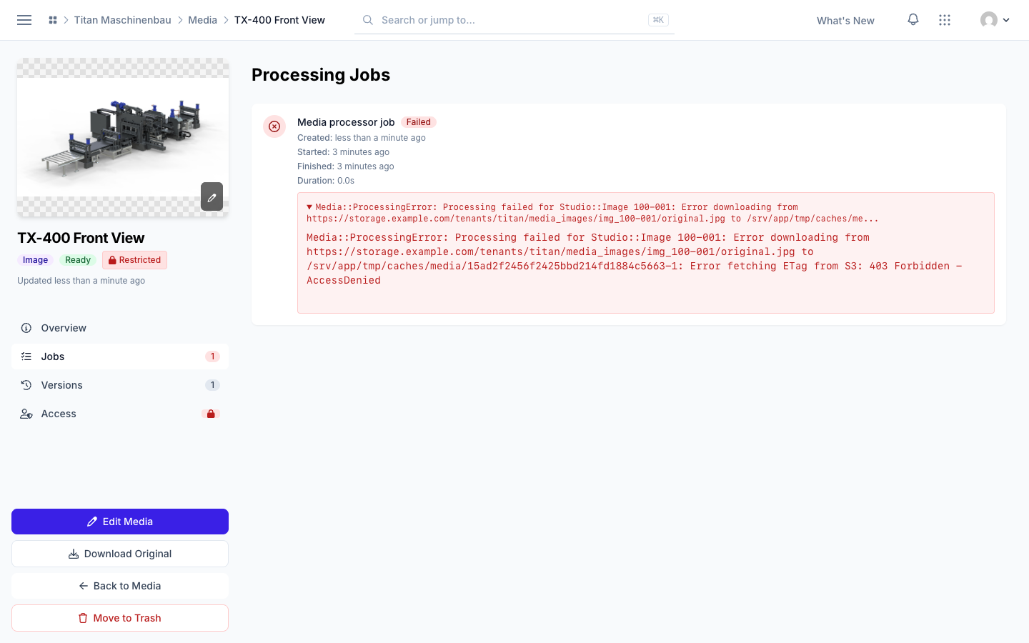 The Jobs section with the full error of a failed job
