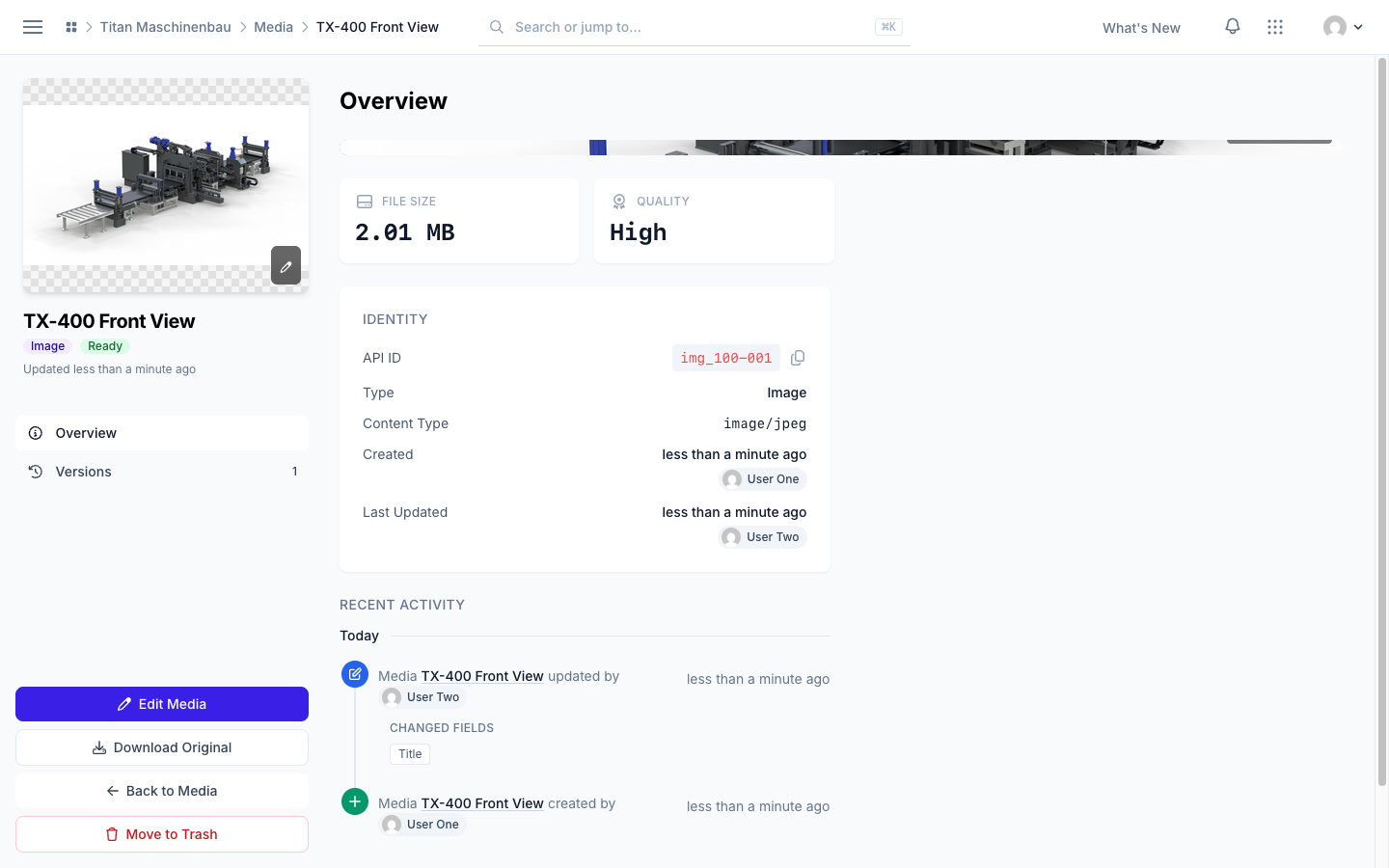 The Overview of a media item with Created, Last Updated and Recent Activity