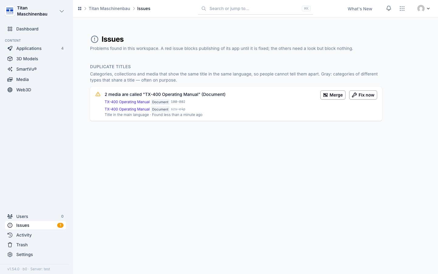 The Issues page offers Merge for two copies of one file