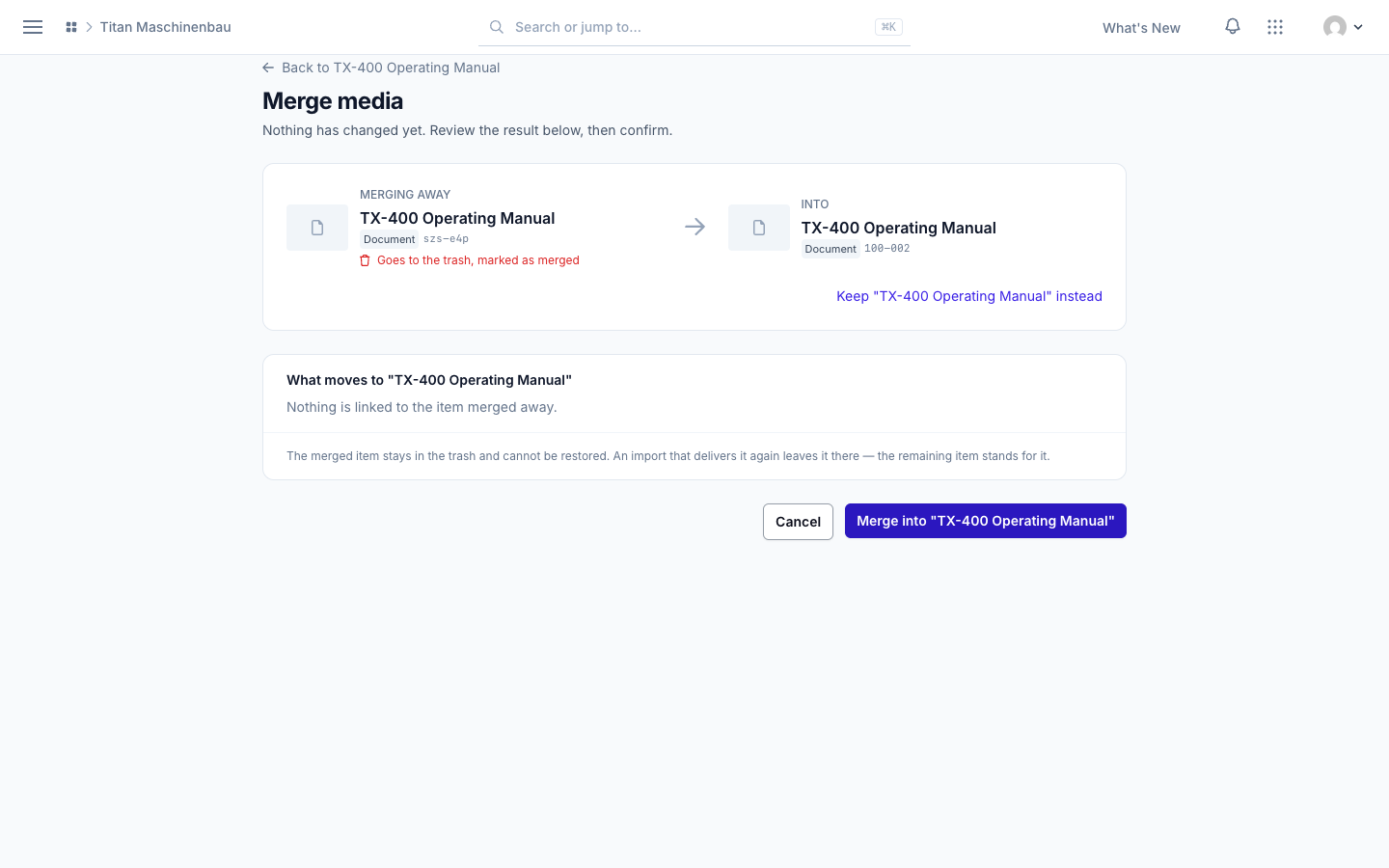 The merge preview lists what moves to the remaining item
