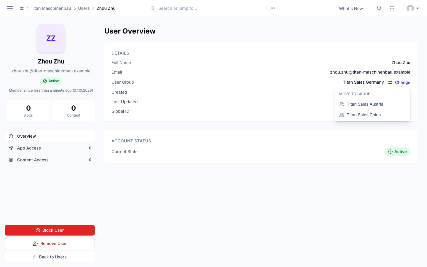 The user page with the Change menu open next to the user group