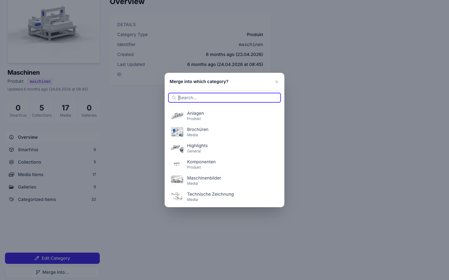 Merge into… with preview and category type in each row