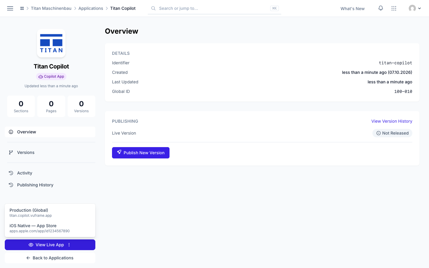 View Live App with the menu of live addresses