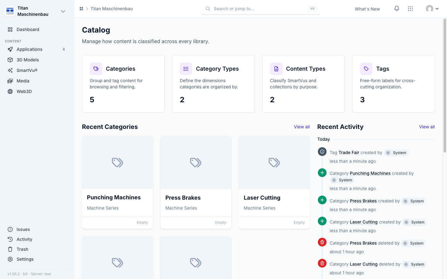 The Catalog overview with Recent Categories and Recent Activity