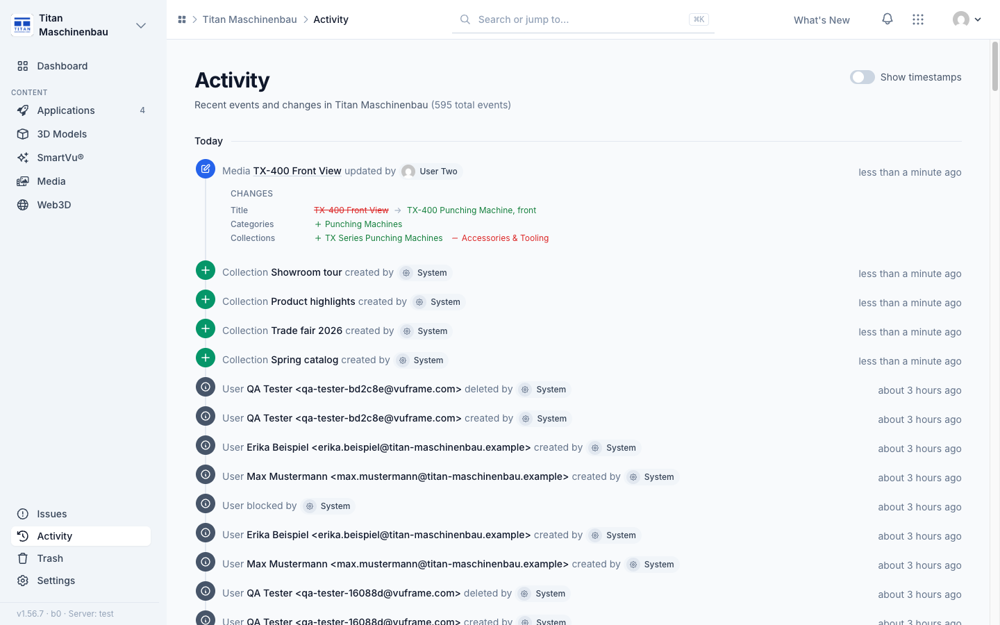 An activity entry with the old and new value of each field
