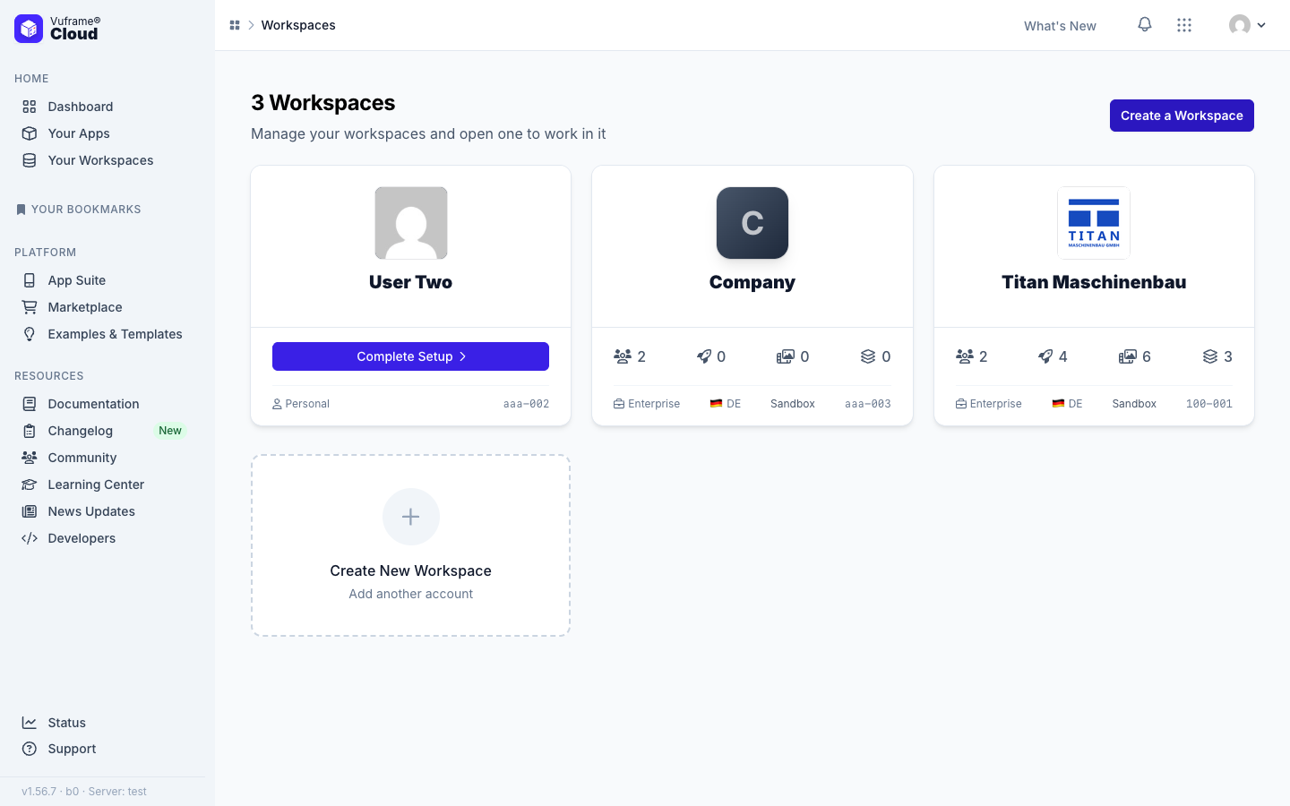 Workspace cards on the Workspaces page