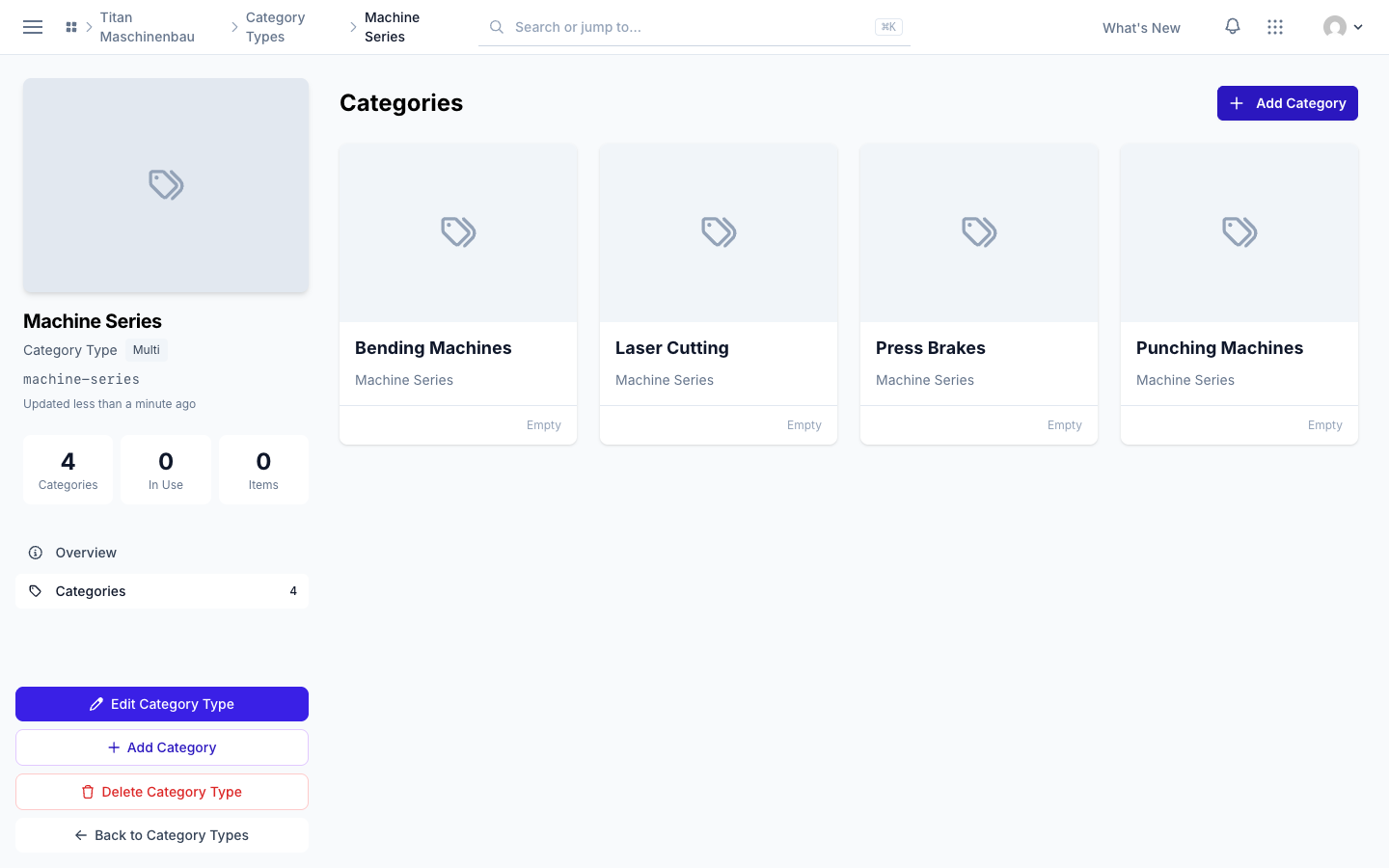 The category type page with Add Category
