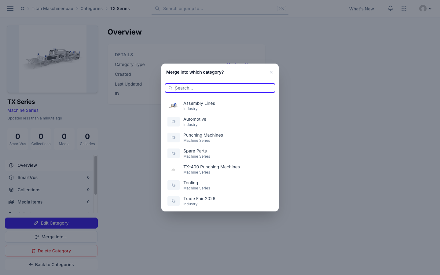 The "Merge into which category?" list lies over the category page