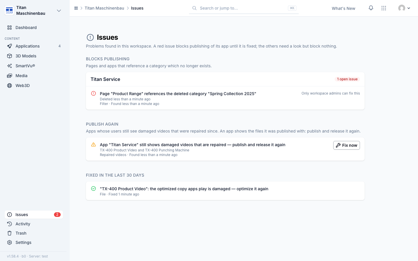 The Issues page lists an app under Publish again