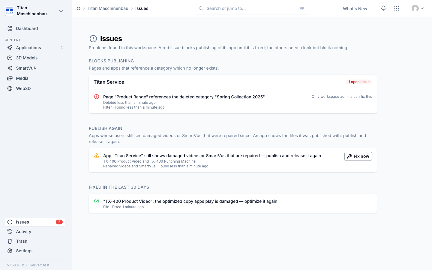 The Issues page lists an app under Publish again with its repaired SmartVu®s