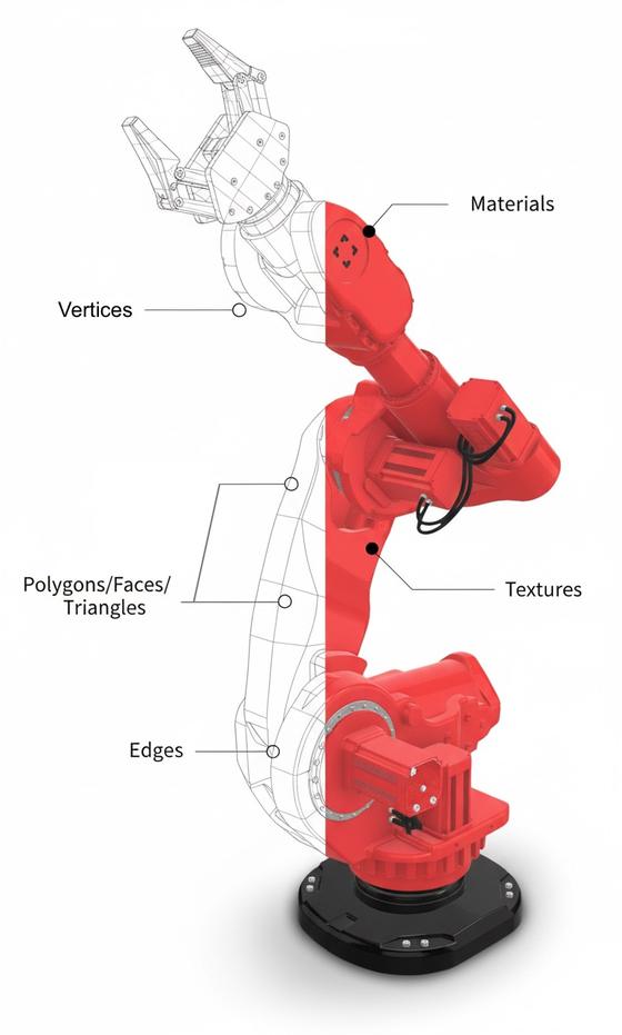 The same robot arm as a real-time 3D model with vertices, polygons, materials and textures