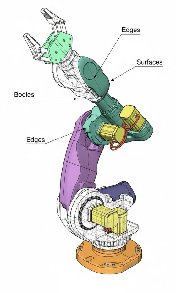 CAD model of a robot arm with bodies, surfaces and edges