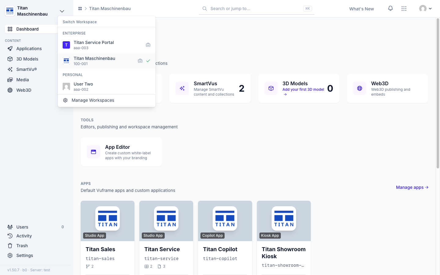 The workspace switcher with the enterprise and personal workspaces of the user
