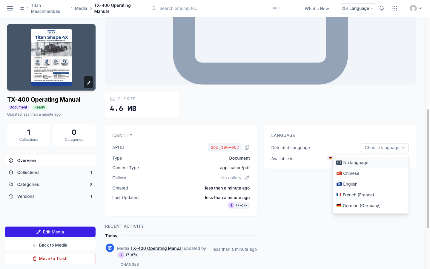 The Language card offers the workspace languages when the language is not known