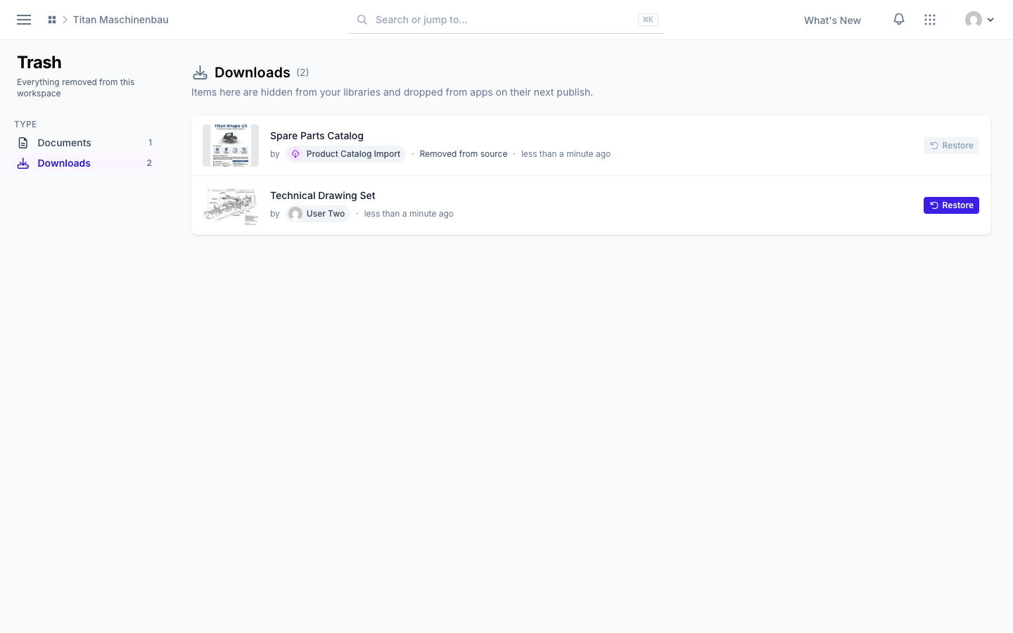 The workspace Trash: the type column with counts, one item a person removed and one an integration removed